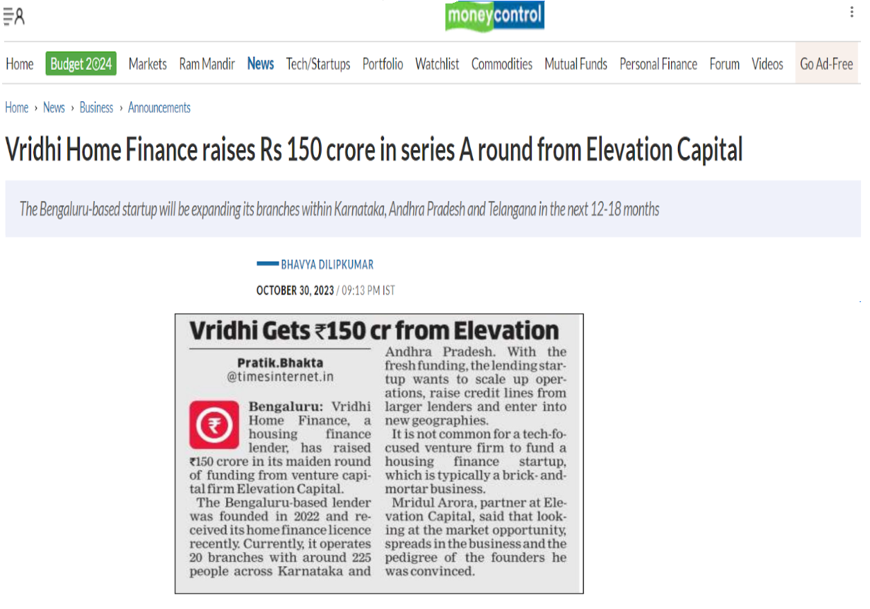 Vridhi Home Finance raises Rs 150 crore in series A round from Elevation Capital